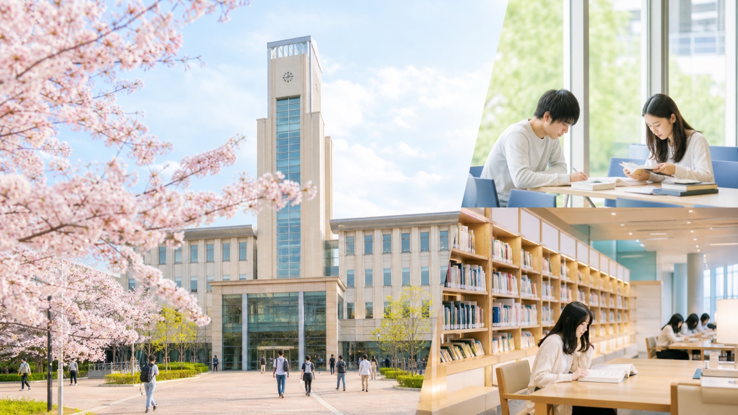 Japanese campus, students studying, and a bright library